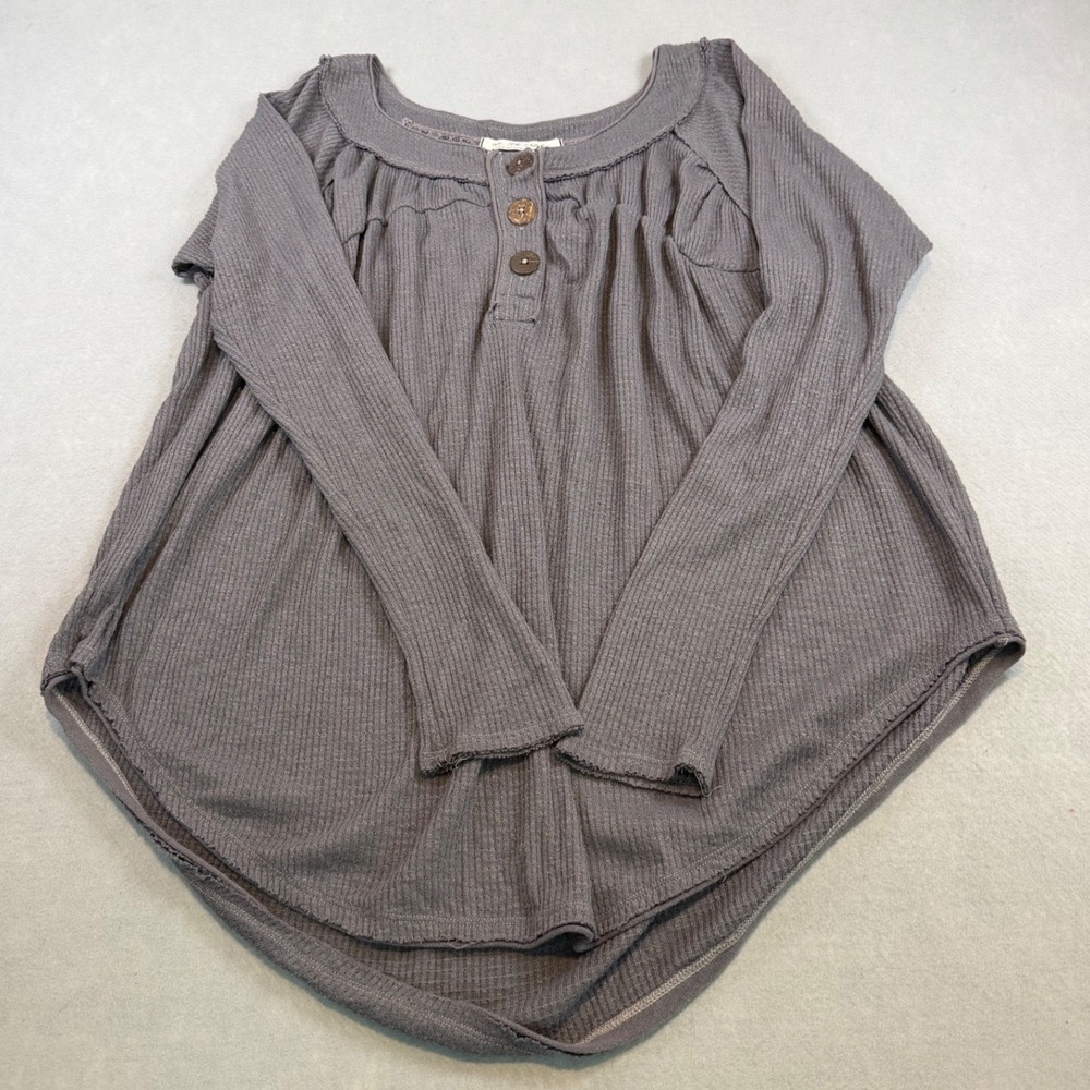 We The Free Free People Gray Waffle Knit Henley Top Long Sleeve Babydoll Large